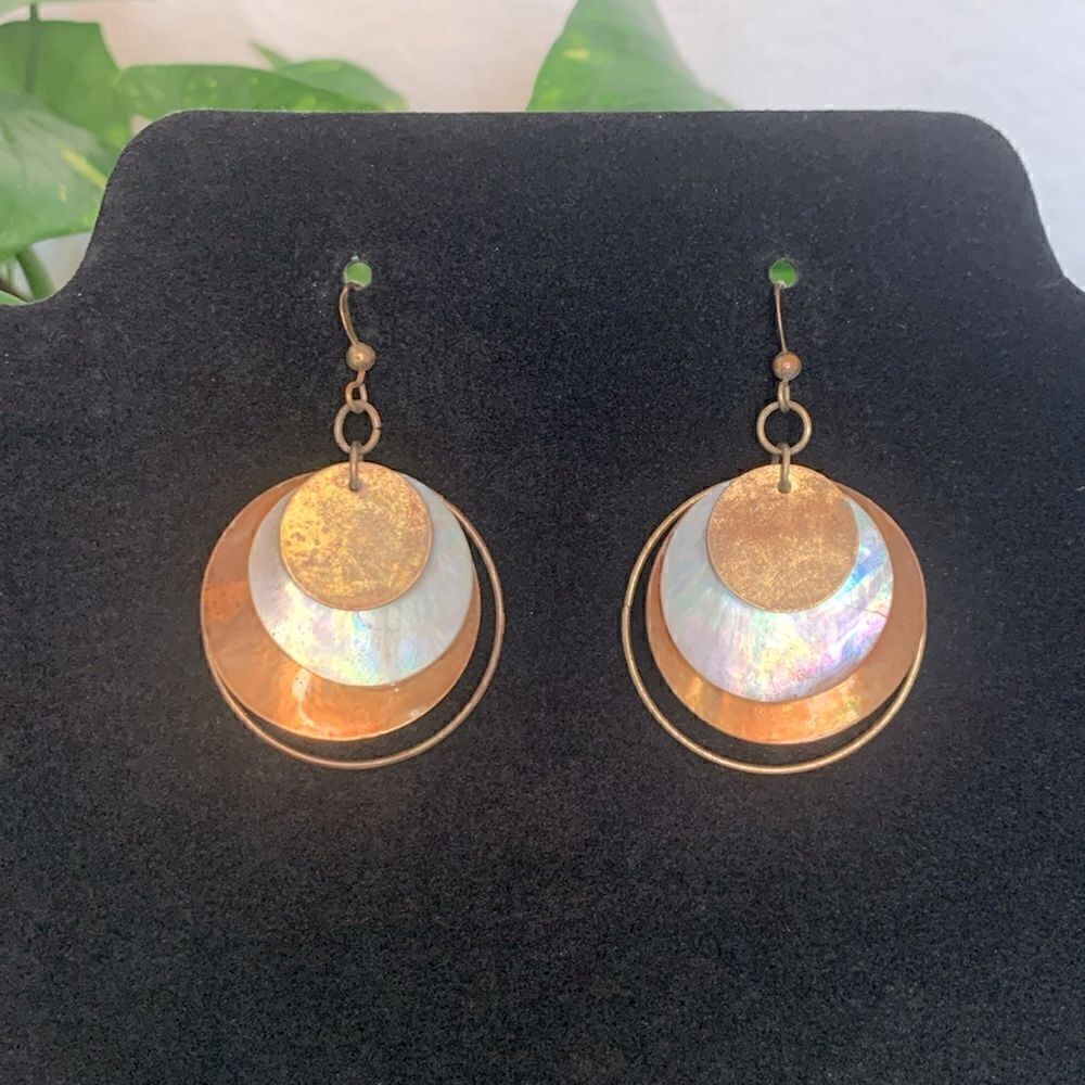 Lovely Layered Circular Metal and Abalone Shell Dangle Earrings